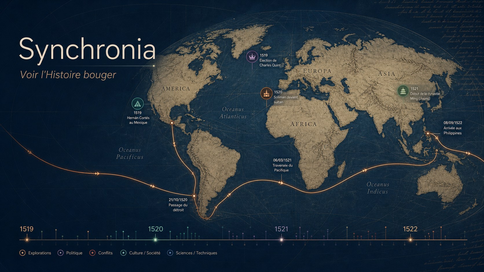 Visuel Synchronia, carte historique interactive de l'expédition de Magellan
